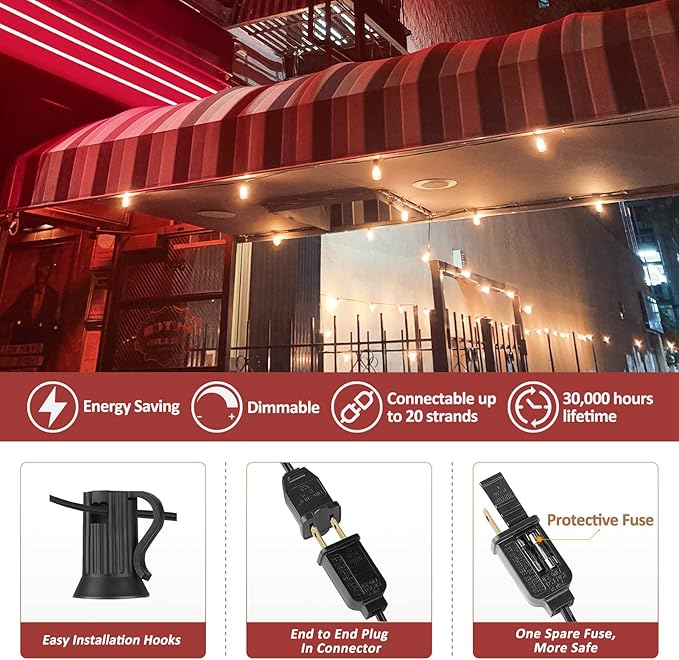 Achin 100FT Outdoor String Lights LED Dimmable Patio Lights String Waterproof with 50+3 Shatterproof Bulbs ST38 | Lumora