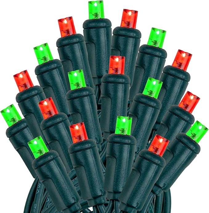 Novelty Lights 25ft 50 LED Red/Green Christmas Lights Outdoor/Indoor, 6" Spacing, Green Wire String Lights for Festive Xmas Lighting, IP55, UL Listed, Dimmable, Connectable