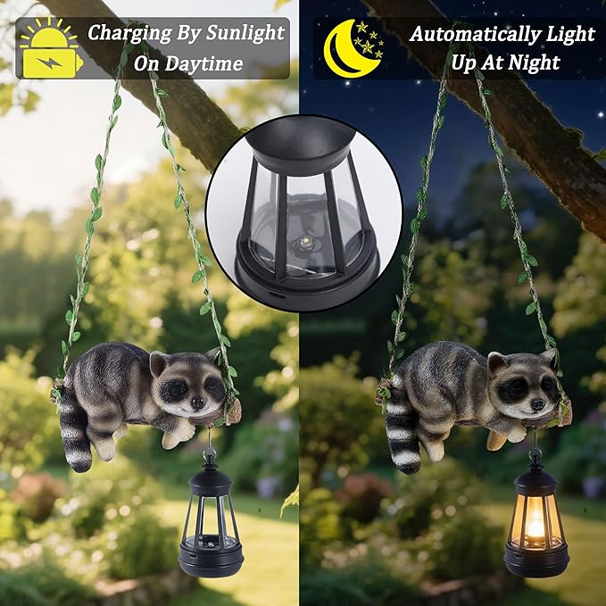 Solar Lighted Garden Outdoor Statue, 20.1" H Hanging Swing Lying with A Sleeping Raccoon and A LED Lantern, Resin | Lumora
