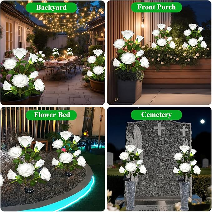 DWH 2 Pack Solar Garden Lights Outdoor, 7-Flower Rose LED Stake Light for Yard Patio Pathway Lawn Fence Cemetery, White