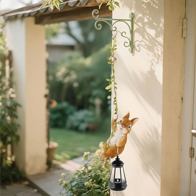 Solar Hanging Bunny Rabbit Statue, Easter Outdoor Resin Animal Figurine with LED Lights for Garden, Fence, Porch, Patio, Yard Decor, Dusk to Dawn Auto On/Off