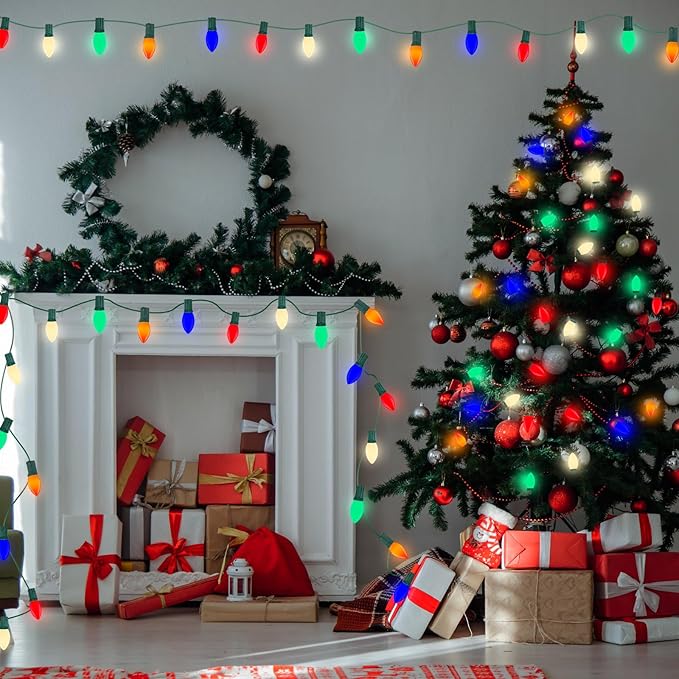 C9 LED Multicolor Christmas Light, 25FT Vintage Christmas Lights with 26 Ceramic LED Bulbs(1 Spare), Hanging Connectable Christmas Tree Roofline Lights for Patio Garden Holiday Home Christmas Decor