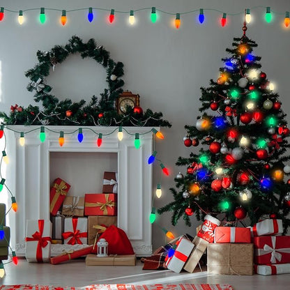 C9 LED Multicolor Christmas Light, 25FT Vintage Christmas Lights with 26 Ceramic LED Bulbs(1 Spare), Hanging Connectable Christmas Tree Roofline Lights for Patio Garden Holiday Home Christmas Decor