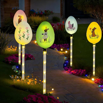 Solar Easter Bunny Egg Lights - 5 Pack Outdoor Solar Path Lights with 8 Lighting Modes, Waterproof Garden Stake Lights for Easter, Birthday, Housewarming Gifts & Outdoor Decor