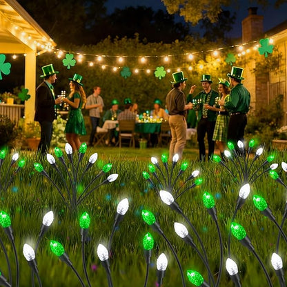 4 Pcs St Patricks Day Outdoor Decorations Solar Lights Waterproof Green 48 LED Swaying Pathway Firefly Stake Lights for Outside Yard Garden Lawn Decorations(Green White,Pine Cone)