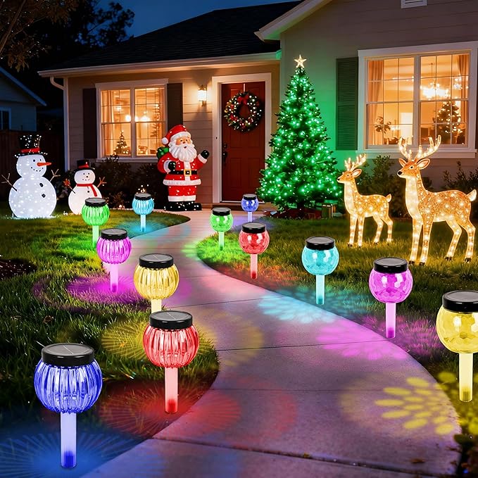 DOUBLEZHE 12Pack Solar Christmas Pathway Lights Outdoor Waterproof, Multicolor & Warm White Changing LED Outdoor Solar Lights Christmas Decorations with Auto On/Off for Garden, Yard, Patio, Walkway
