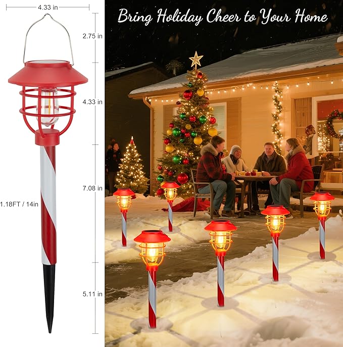 6 Pack Christmas Solar Pathway Lights Outdoor Decorations,Garden Solar Stake Landscape Lights Candy Cane Christmas | Lumora