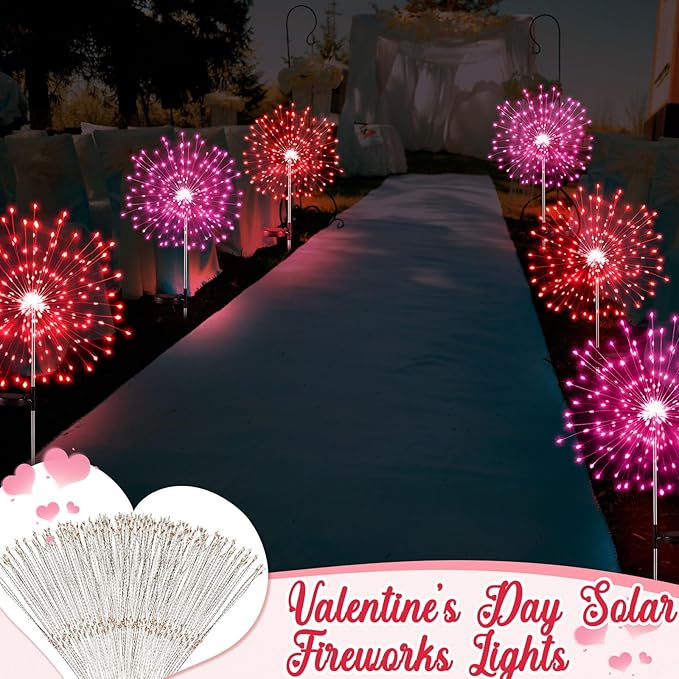 6 Pcs Valentine's Day Solar Firework Lights Solar Lights Outdoor Garden 120 LED 8 Modes Waterproof LED Sparkler Outdoor for Valentines Patio Yard Pathway Walkway (Red,Pink)
