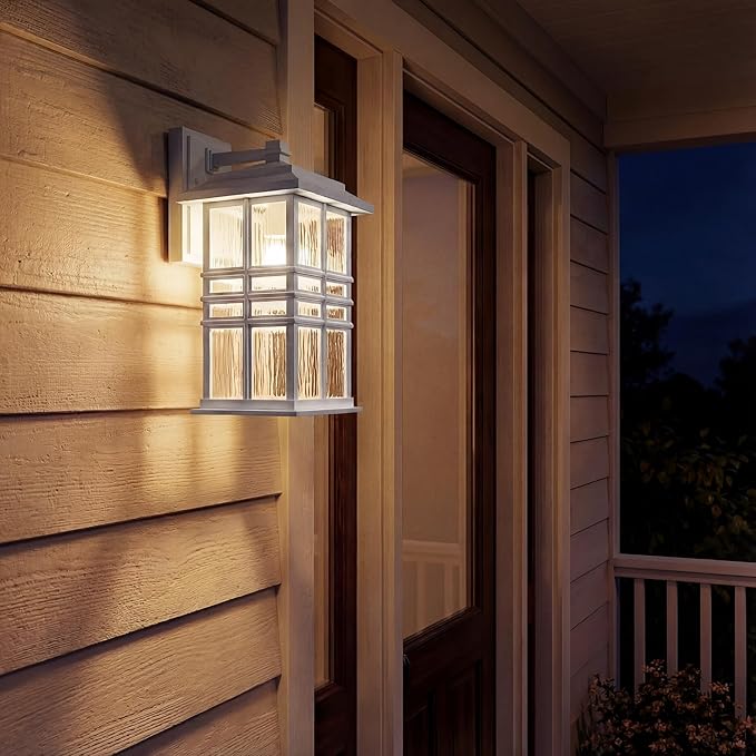 Kichler Beacon Square 12" Outdoor Wall Light in White, 1-Light Exterior Wall Sconce with Clear Hammered Glass, (12" | Lumora