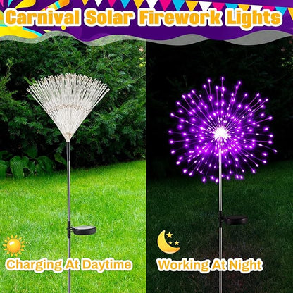 6 Pcs Mardi Gras Solar Firework Lights Solar Lights Outdoor Garden 120 LED 8 Modes Waterproof LED Sparkler Outdoor for Carnival Patio Yard Pathway Walkway (Purple,Yellow,Green)