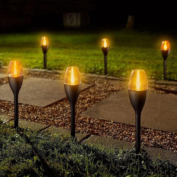 6PK Solar Flickering Flame Cup Pathway Lights Plastic Black