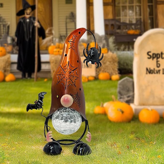 Halloween Decorations Outdoor Gnome Solar Lights, Color Changing LED Lights with Spider Web Hollowed-Out Hat | Lumora