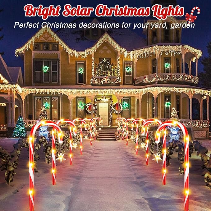 Christmas Decorations Outdoor, 24 Pack Solar Candy Cane Lights Christmas Yard Decorations with 10 Modes and Bright 144 LED, 28ft Longer Waterproof Candy Cane Pathway Lights Xmas Gift