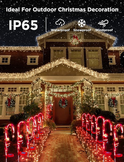 Solar Christmas Decorations Candy Cane Lights, Solar Xmas Pathway Markers Lights, Outdoor Decor Stake with Snowflowers & Santa, Constant & Flash Modes 8 LED Lights for Garden Patio Yard Lawn, 2 Pieces