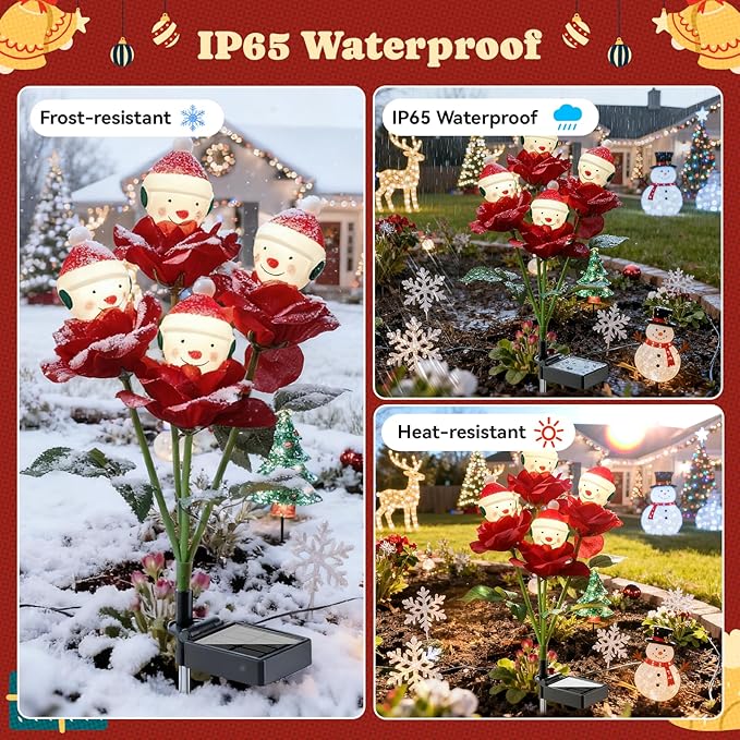 4 Packs Christmas Rose Solar Garden Light with Snow Man, 27.4 Inches Garden Solar Light Outdoor for Christmas Decoration, Auto ON/OFF, IP65 Waterproof, Suitable for Courtyard, Pond, Walkway Decoration