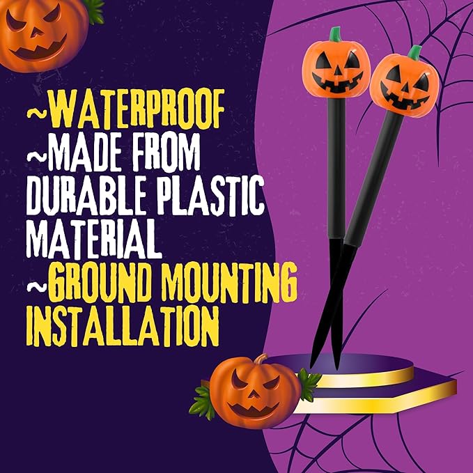 (12) Halloween Solar LED Pumpkin Stake Lights, 13in Easy Install Plastic Solar-Powered Yard Stakes Spooky | Lumora