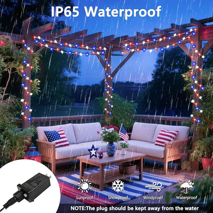 4th of July Decorations Red White and Blue Lights, 200 LED 66FT String Light Plug-in, 8 Modes 4th of July Lights for Indoor Outdoor Independence Day Memorial Day American Flag Patriotic Holiday Decor