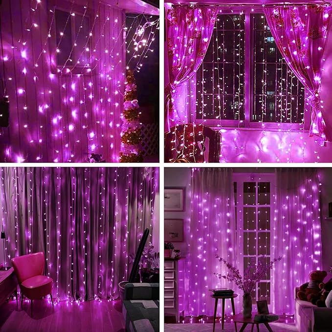 300LED Solar Curtain Lights - Outdoor Indoor Waterproof Fairy String Lights, Twinkle 8 Modes Christmas Decoration for Home Garden Patio Wedding Party (Pink)