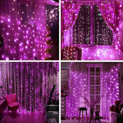 300LED Solar Curtain Lights - Outdoor Indoor Waterproof Fairy String Lights, Twinkle 8 Modes Christmas Decoration for Home Garden Patio Wedding Party (Pink)