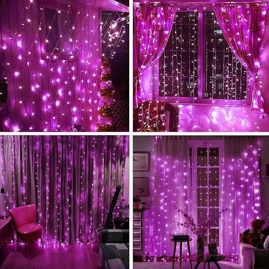300LED Solar Curtain Lights - Outdoor Indoor Waterproof Fairy String Lights, Twinkle 8 Modes Christmas Decoration for Home Garden Patio Wedding Party (Pink)