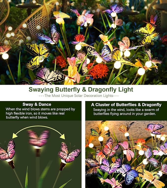 Aiscool Solar Garden Lights, 4 Pack Swaying in The Wind Outdoor Butterfly Stakes Swaying Dance Outside Yard Lawn Patio Pool Decorative Solar Powered Pathway Summer Decoration, IP65 Waterproof