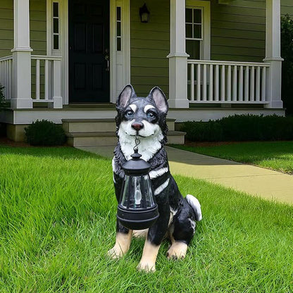 Outdoor Husky Dog Statue with Interchangeable Welcome Sign and Detachable Solar Lantern –LED Light Garden Dog Sculpture Décor, Cute Puppy Design for Yard, Porch, Gift