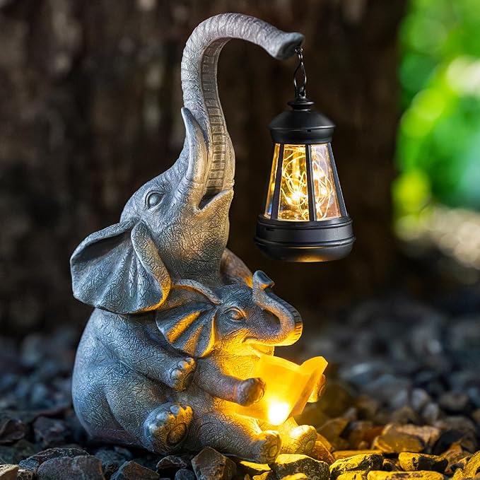 Solar Garden Statue Lights Loving Elephants Figurine with Solar Lantern, Outdoor Yard Decorations for Patio Porch | Lumora