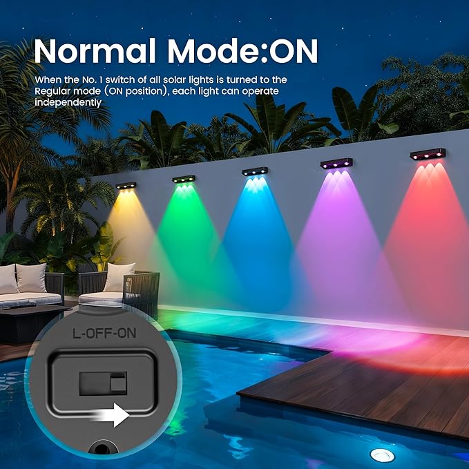 Solar Wall Lights,100 LM Color Changing Solar Fence Lights Outdoor Solar Powered with Ultra-Bright LED Lens 1200 mAh Waterproof IP65 for Christmas Halloween Patio Yard Backyard 6 Pack (RGB)