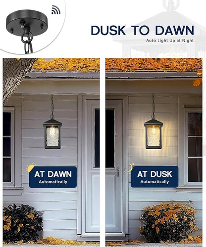 FEMILA Dusk to Dawn Outdoor Pendant Lights for Porch, 14.5" Mondern Pendant Hanging Light Fixture for Porch, Front Door, Kitchen Island, Adjustable Height, 4FYX101HL PC BK SW