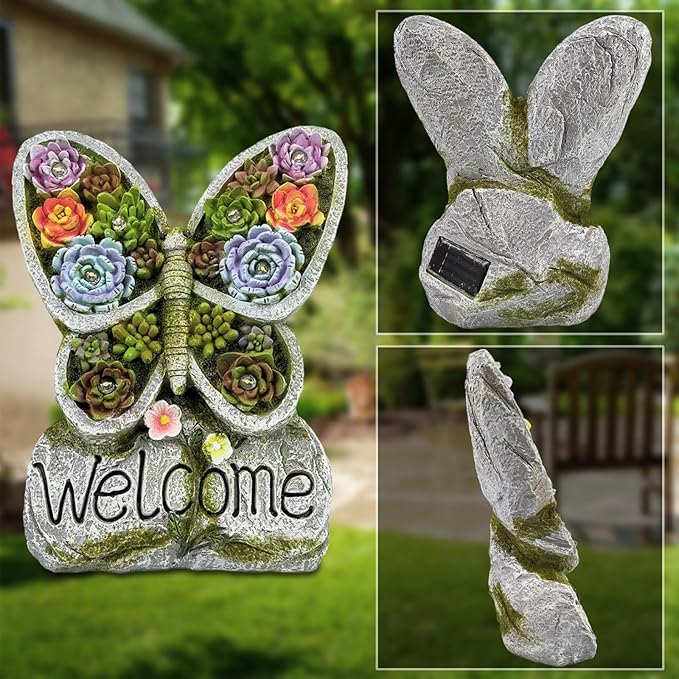 Solar Garden Statues Lights, Succulent Butterfly Resin Lamp with 8 LED, Outdoor Decoration Statues with Welcome Sign Table Lamp for Patio Lawn Yard, Garden Gifts for Mom (Purple Succulent)