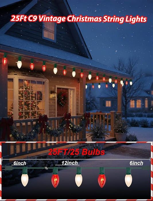 25ft C9 Red and White Christmas Lights,Waterproof C9 Christmas String Lights with 26 Red White Bulbs,Commercial Xmas Lights Outdoor for Garden House Xmas Garland Tree Decorations