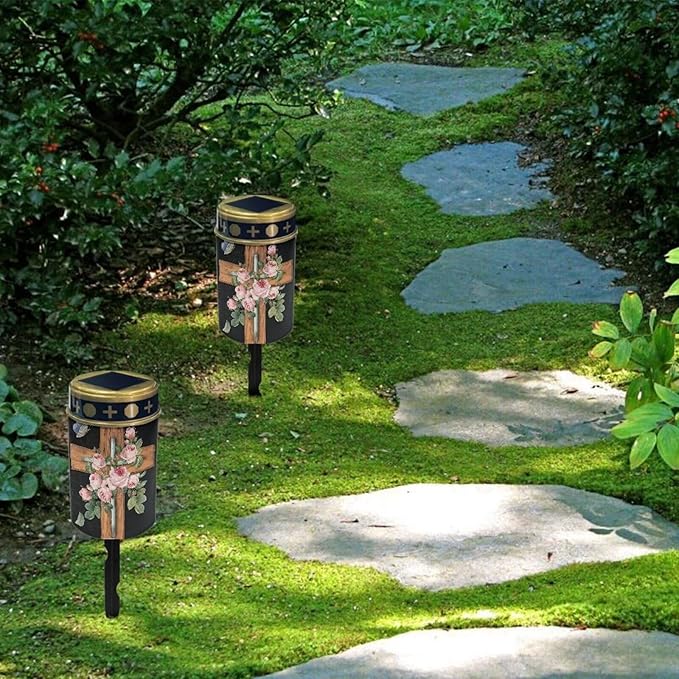 HUGS IDEA Cross Solar Lights for Graves Pink Rose Angel Garden Ornaments Waterproof Romantic Memorial Decorations Cemetery Garden Lighting for Religious Sites