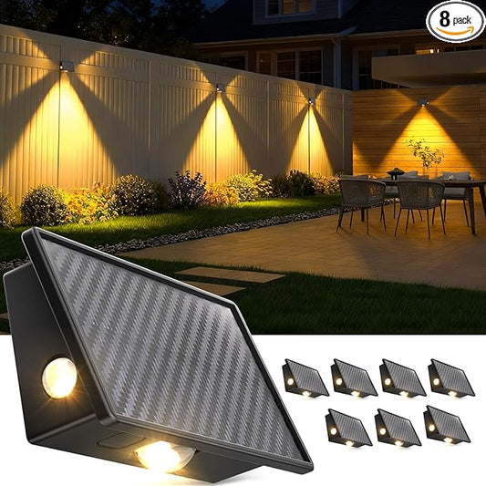 JSOT Solar Fence Lights Outdoor - 8 Pack Waterproof Deck Stair Step Light 5 Lighting Modes for Backyard Garden Wall Outside Patio Decor (Warm Light)