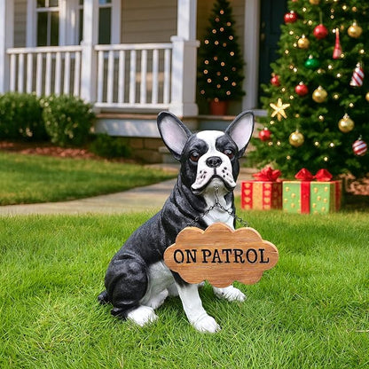 Outdoor Boston Terrier Dog Statue with Interchangeable Welcome Sign and Detachable Solar Lantern –LED Light Garden Dog Sculpture Décor, Cute Puppy Design for Yard, Porch, Gift