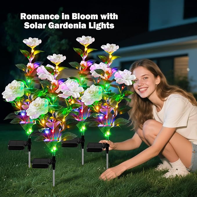 Solar Flower Lights, Multi-Color Changing Gardenia Lights, Solar Flowers Outdoor Waterproof, Solar Powered Garden Decor for Patio Yard Pathway Decoration(2 Pack)