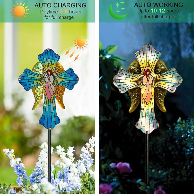 WAIU Solar Cross Garden Stake Lights, Angel Wings Waterproof Solar Outdoor Lights for Garden Yard Cemetery Decor, Memorial Cross Solar Christmas Lights