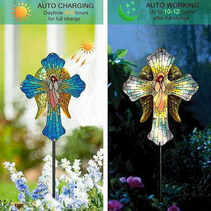 WAIU Solar Cross Garden Stake Lights, Angel Wings Waterproof Solar Outdoor Lights for Garden Yard Cemetery Decor, Memorial Cross Solar Christmas Lights