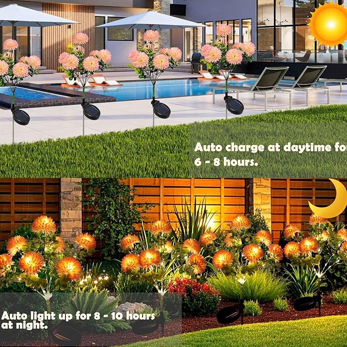 2 Pack Outdoor Solar Garden Lights Decor, Waterproof Solar Powered Flowers Lamp, Decorative 14PCS Artificial Dahlia with Warm White LEDs, 29.5 INCH Solar Lights for Pathway Fence Yard Patio Lawn Porch