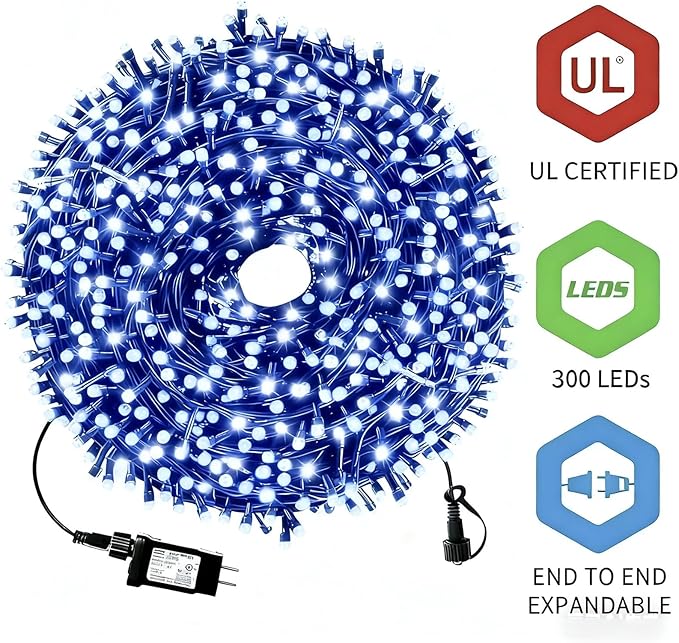 105FT 300 LEDs Blue White Christmas Lights Outdoor Indoor, Waterproof Christmas Tree Lights, 8 Lighting Modes with | Lumora