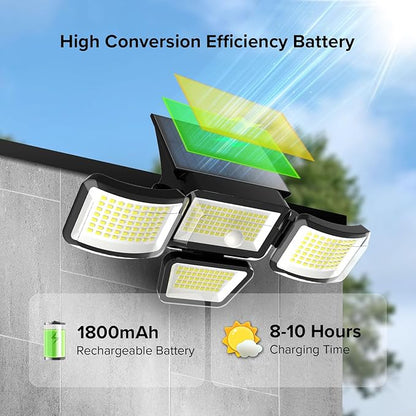 JJX Solar Outdoor Lights 3000LM 278 LED, 1 Pack 4-Head Motion Sensor Outdoor Lights, 6500K IP65 Waterproof 4 Lighting Modes Solar Security Light for Yard Garden Driveway with Remote Control