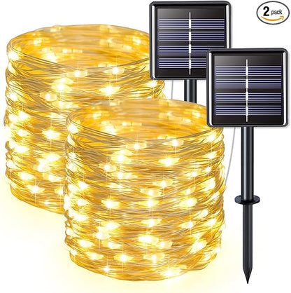 JMEXSUSS 2 Pack Solar String Lights Outdoor Waterproof, Each 33FT 100 LED Warm White Fairy Lights, Waterproof 8 Modes Copper Wire Solar Christmas Light for Yard Patio Tree Garden Xmas Decorations