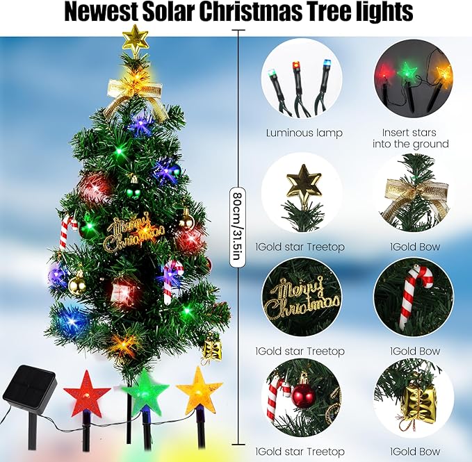Solar Christmas Tree Light Outdoor Decoration, 31Inch Solar Tree Lights with 30 LED 8 Flashing Modes Decorated Prelit Gift Boxes & Ornaments for Pathway Patio Yard Garden Cemetery, 2PCS