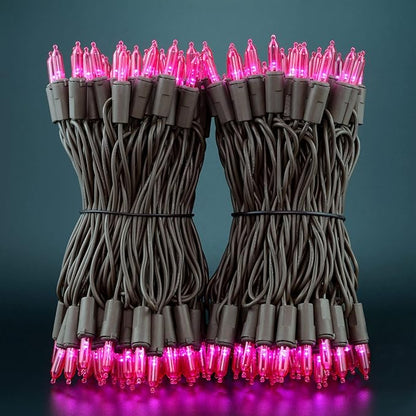 YULETIME 200 Pink LED Christmas Lights, 66 Feet Brown Wire UL Certified Commercial Grade Holiday String Light Set