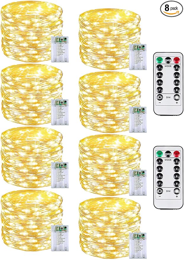 8 Pack Christmas Fairy Lights Battery Operated with Remote, Each 20FT 60LED Waterproof Twinkle Lights with Timer | Lumora