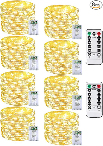 8 Pack Christmas Fairy Lights Battery Operated with Remote, Each 20FT 60LED Waterproof Twinkle Lights with Timer, String Light Indoor & Outdoor for Bedroom Wedding Christmas Decoration(Warm White)