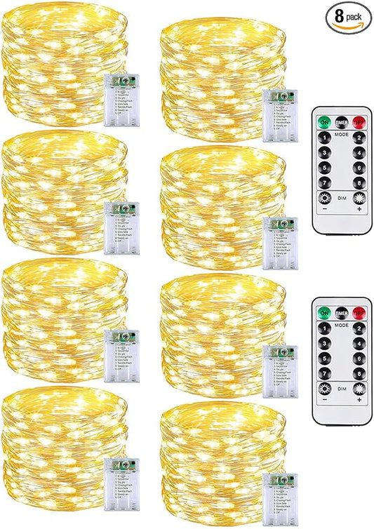 8 Pack Christmas Fairy Lights Battery Operated with Remote, Each 20FT 60LED Waterproof Twinkle Lights with Timer, String Light Indoor & Outdoor for Bedroom Wedding Christmas Decoration(Warm White)