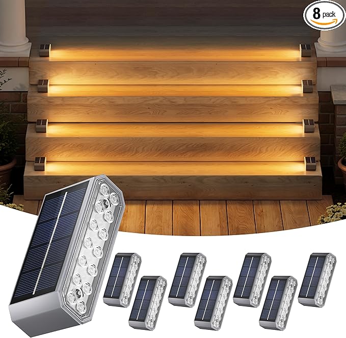 NIORSUN Solar Step Lights, 8 Pack Outdoor Horizontal Lights for Steps, Deck, Stairs, Dock & Pathway - Bright 3000K Warm White, Auto On/Off, IP67 Waterproof