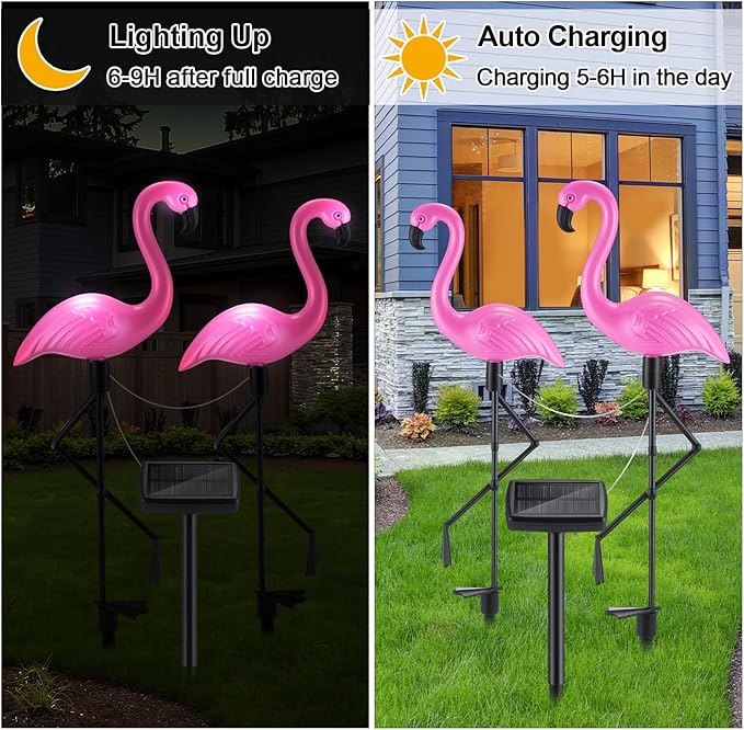 Geelin 6 Packs Pink Flamingo Solar Lights Outdoor Decoration Ip55 Waterproof Solar Powered Flamingo Garden Stake Light for Yard Patio Lawn Pathway Walkway Driveway Outside Decor