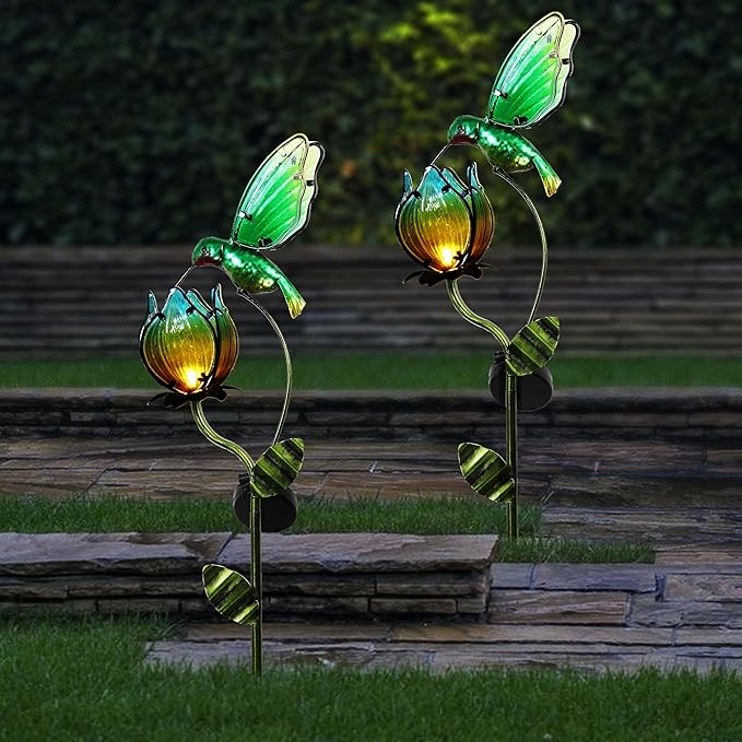 TERESA'S COLLECTIONS Glass Flower Bird Pathway Solar Outdoor Light for Garden Decor, 39'' Tulip and Hummingbird | Lumora