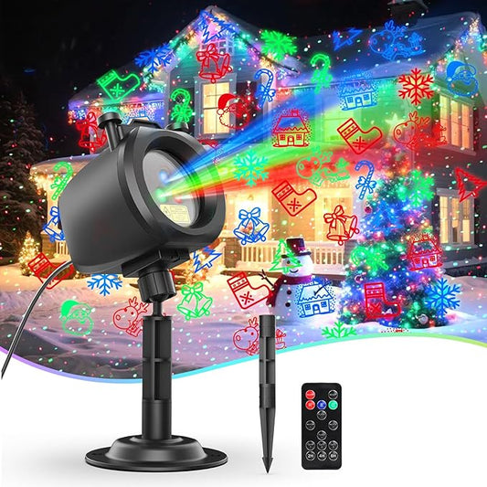 Christmas Laser Lights Projector Outdoor with 4 Dynamic Slides, 2-in-1 Moving RGB Firefly Laser Lights with Remote,Timer, Landscape Holiday Porjector for Window Wall